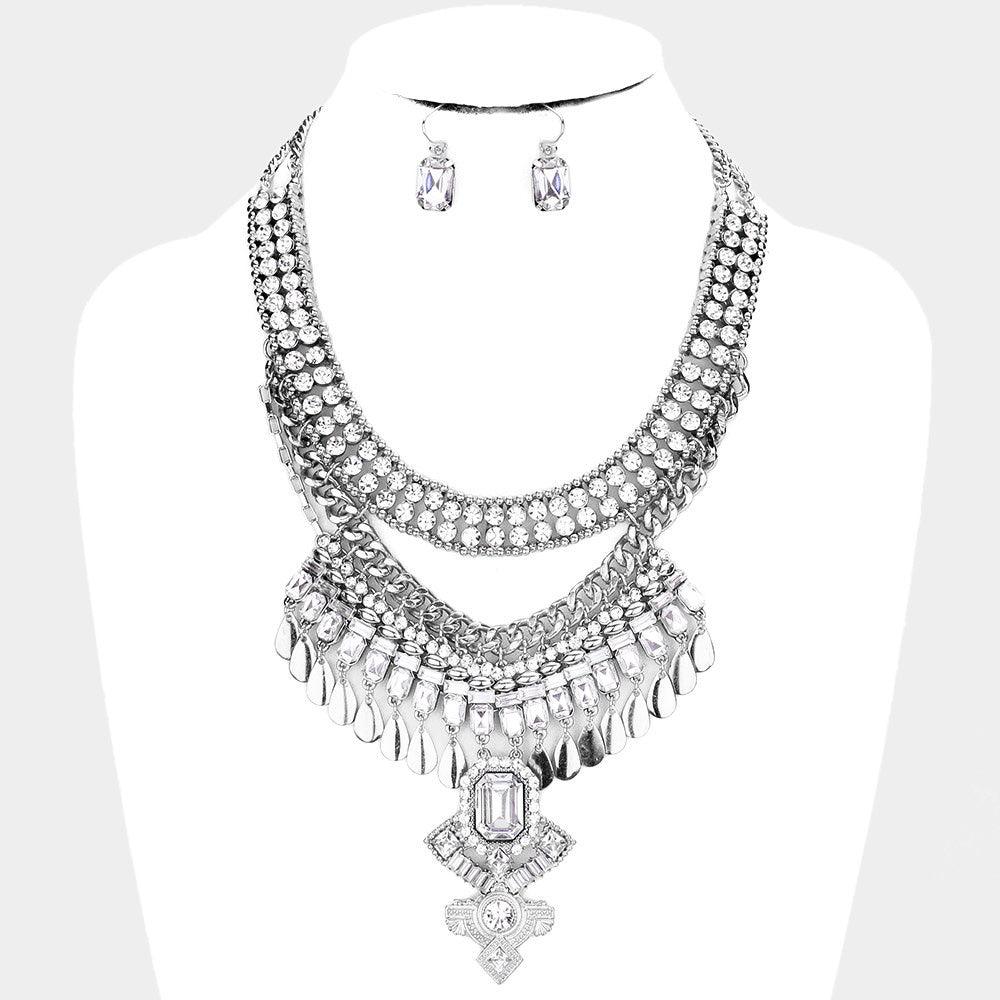 Silver Antique Stone Embellished Statement Necklace