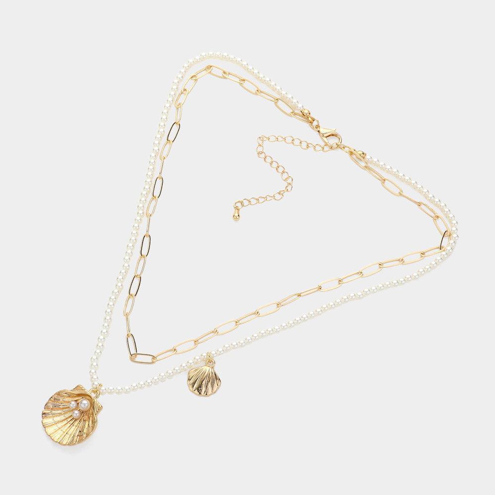 Cream Pearl Paperclip Chain Layered Shell Pendant Necklace - Jewelry Store by Erik Rayo