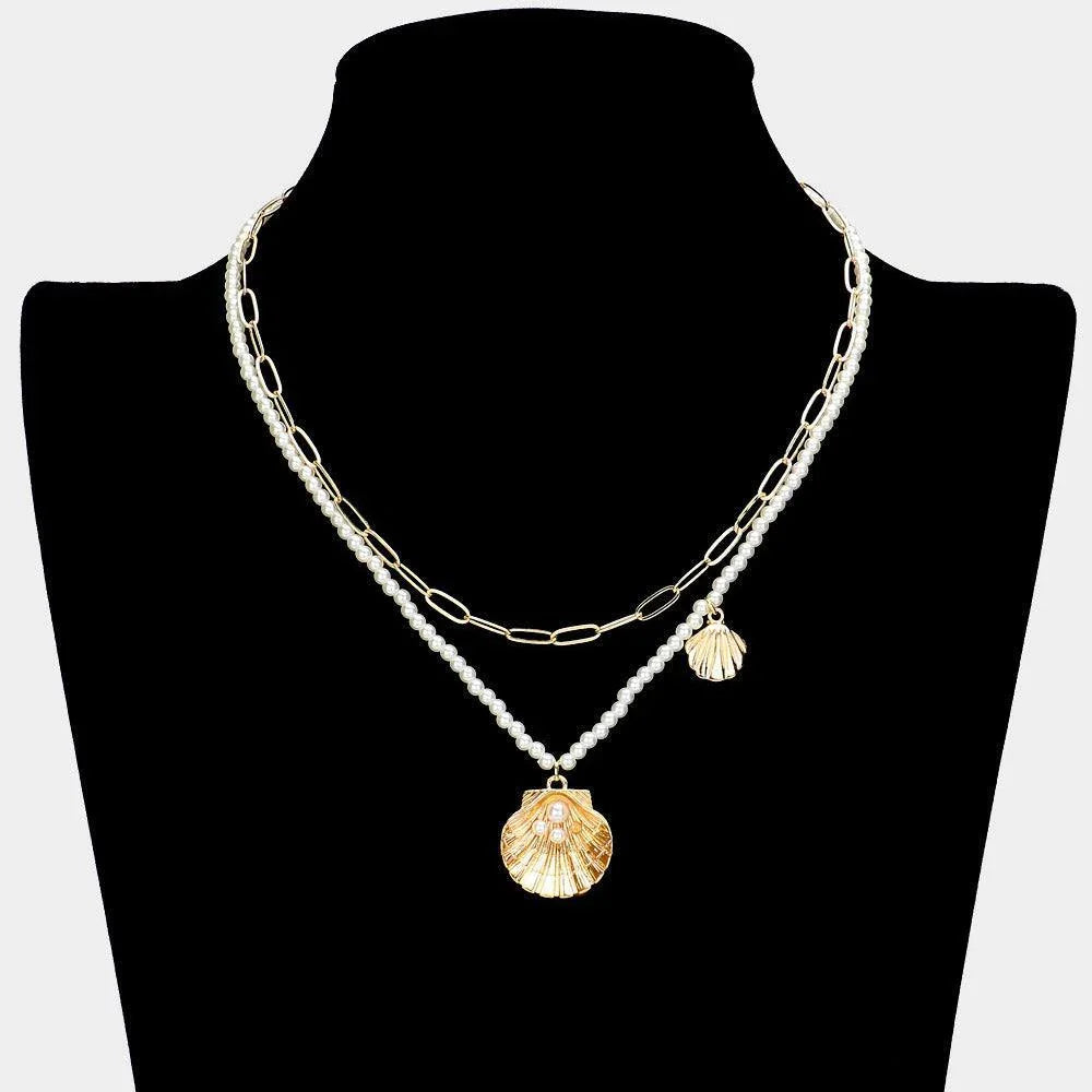 Cream Pearl Paperclip Chain Layered Shell Pendant Necklace - Jewelry Store by Erik Rayo
