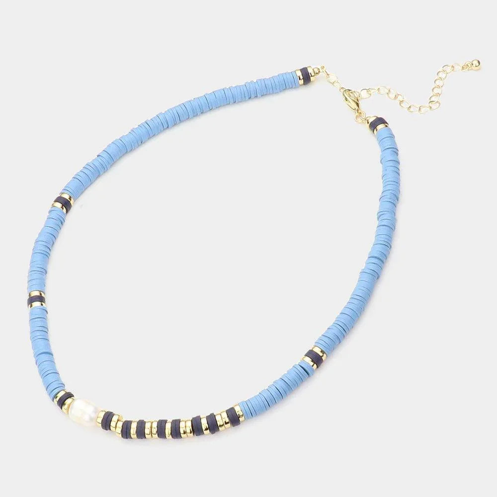 Blue Freshwater Pearl Accented Heishi Beaded Necklace - Jewelry Store by Erik Rayo