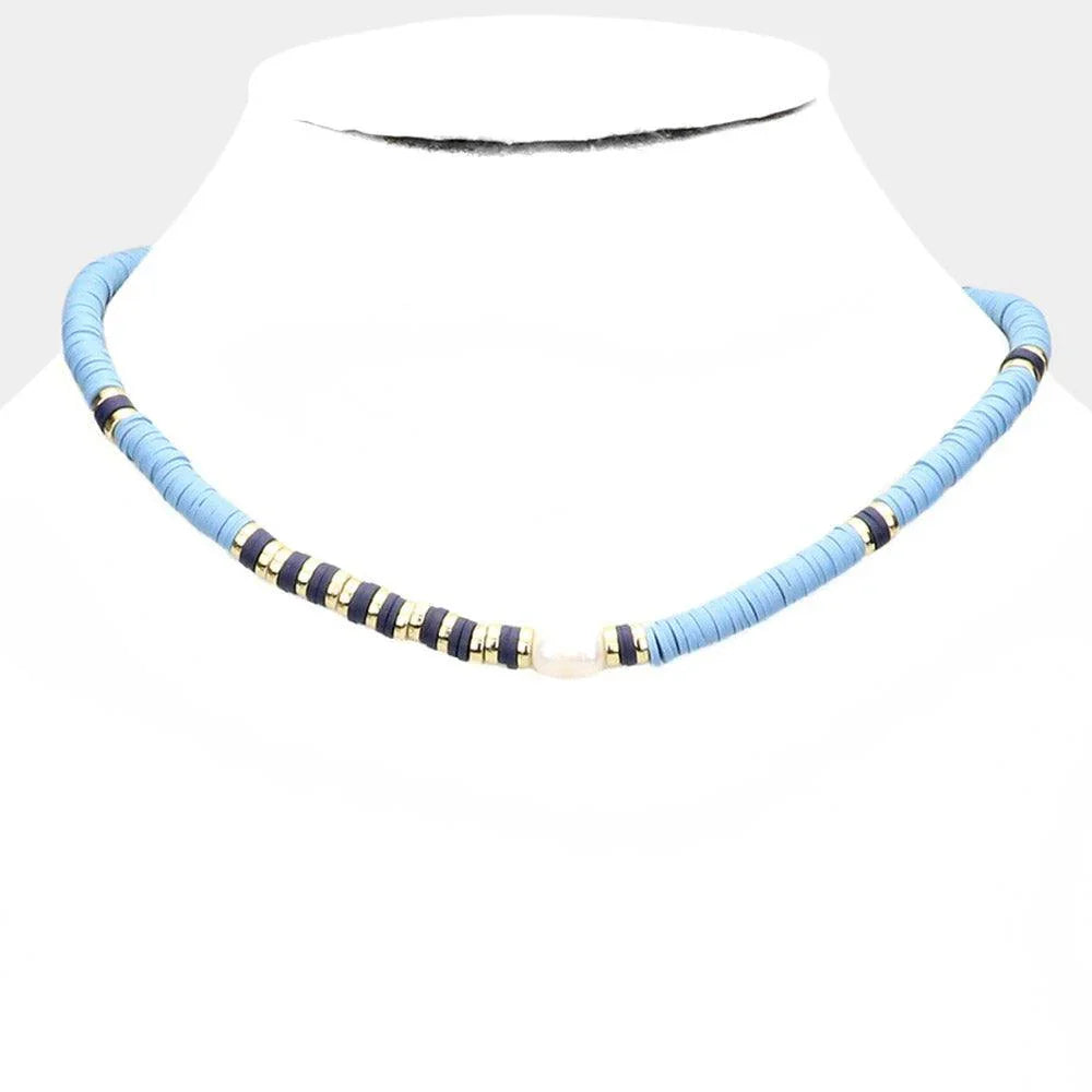 Blue Freshwater Pearl Accented Heishi Beaded Necklace - Jewelry Store by Erik Rayo
