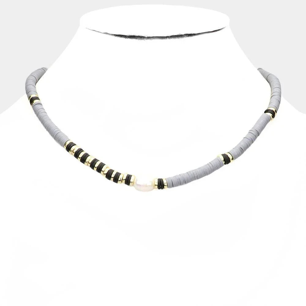 Gray Freshwater Pearl Accented Heishi Beaded Necklace - Jewelry Store by Erik Rayo