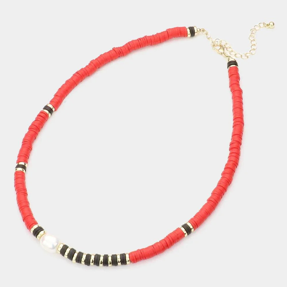 Red Freshwater Pearl Accented Heishi Beaded Necklace - Jewelry Store by Erik Rayo