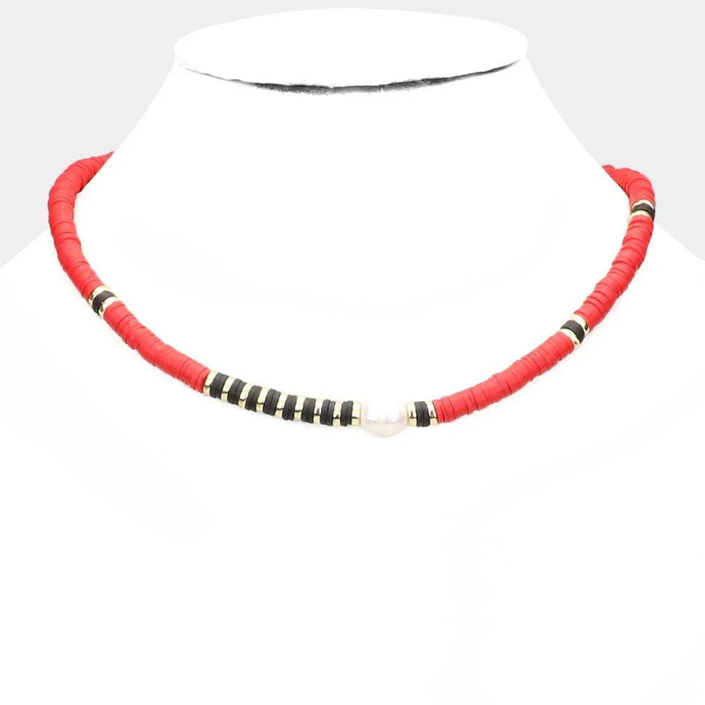 Red Freshwater Pearl Accented Heishi Beaded Necklace - Jewelry Store by Erik Rayo
