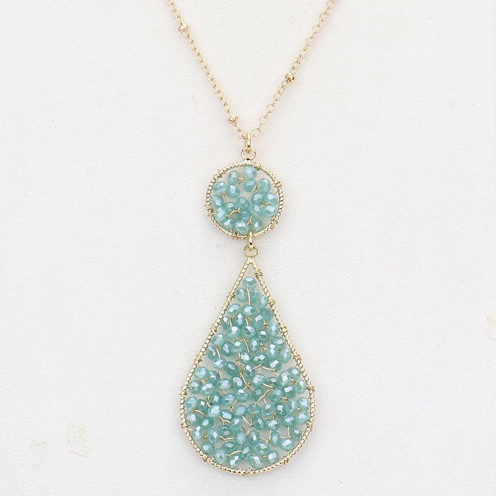 Aqua Wire Wrapped Faceted Beaded Round Teardrop Link Pendant Necklace - Jewelry Store by Erik Rayo