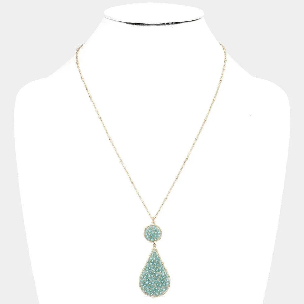 Aqua Wire Wrapped Faceted Beaded Round Teardrop Link Pendant Necklace - Jewelry Store by Erik Rayo
