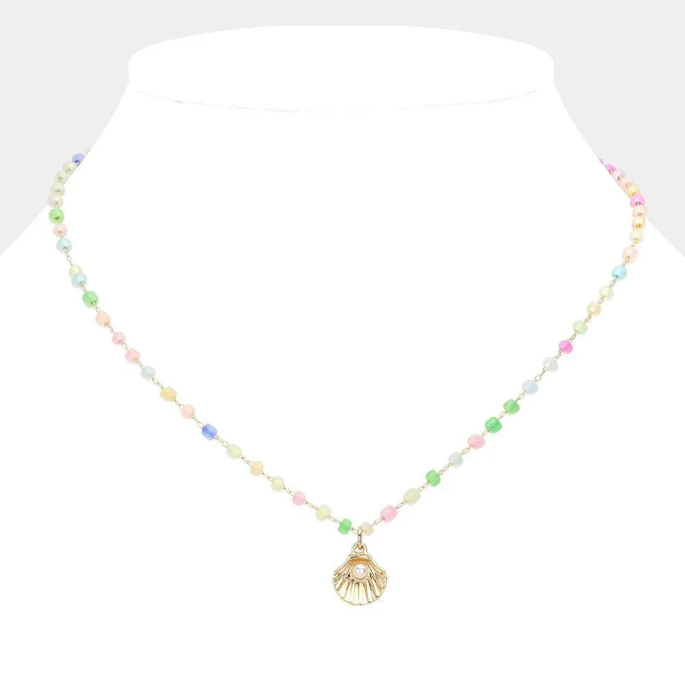 Gold Pearl Pointed Shell Pendant Beaded Necklace - Jewelry Store by Erik Rayo