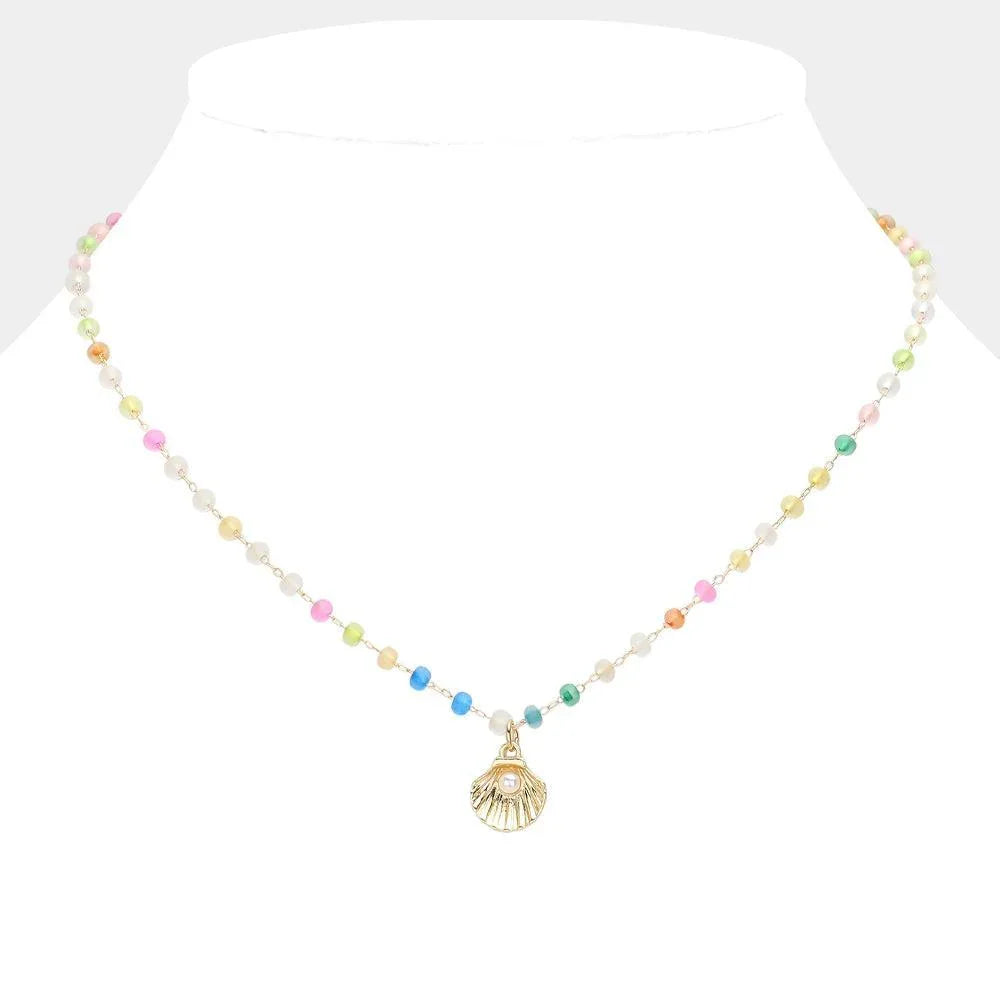 Gold Pearl Pointed Shell Pendant Beaded Necklace - Jewelry Store by Erik Rayo