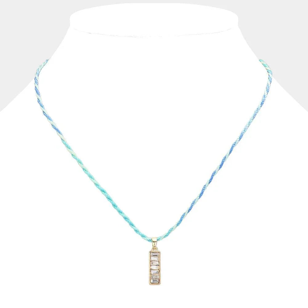 Blue Raffia Thread Baguette Stone Pendant Necklace - Jewelry Store by Erik Rayo