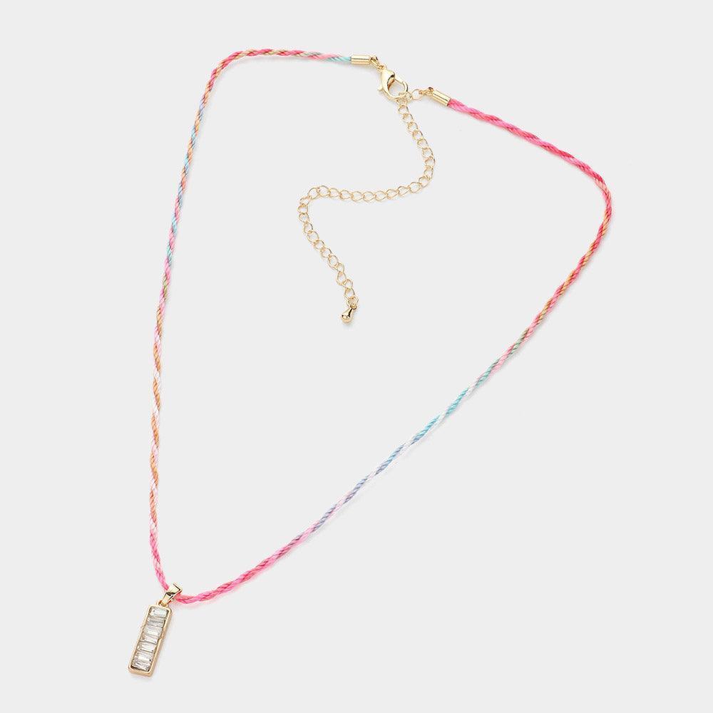 Pink Raffia Thread Baguette Stone Pendant Necklace - Jewelry Store by Erik Rayo