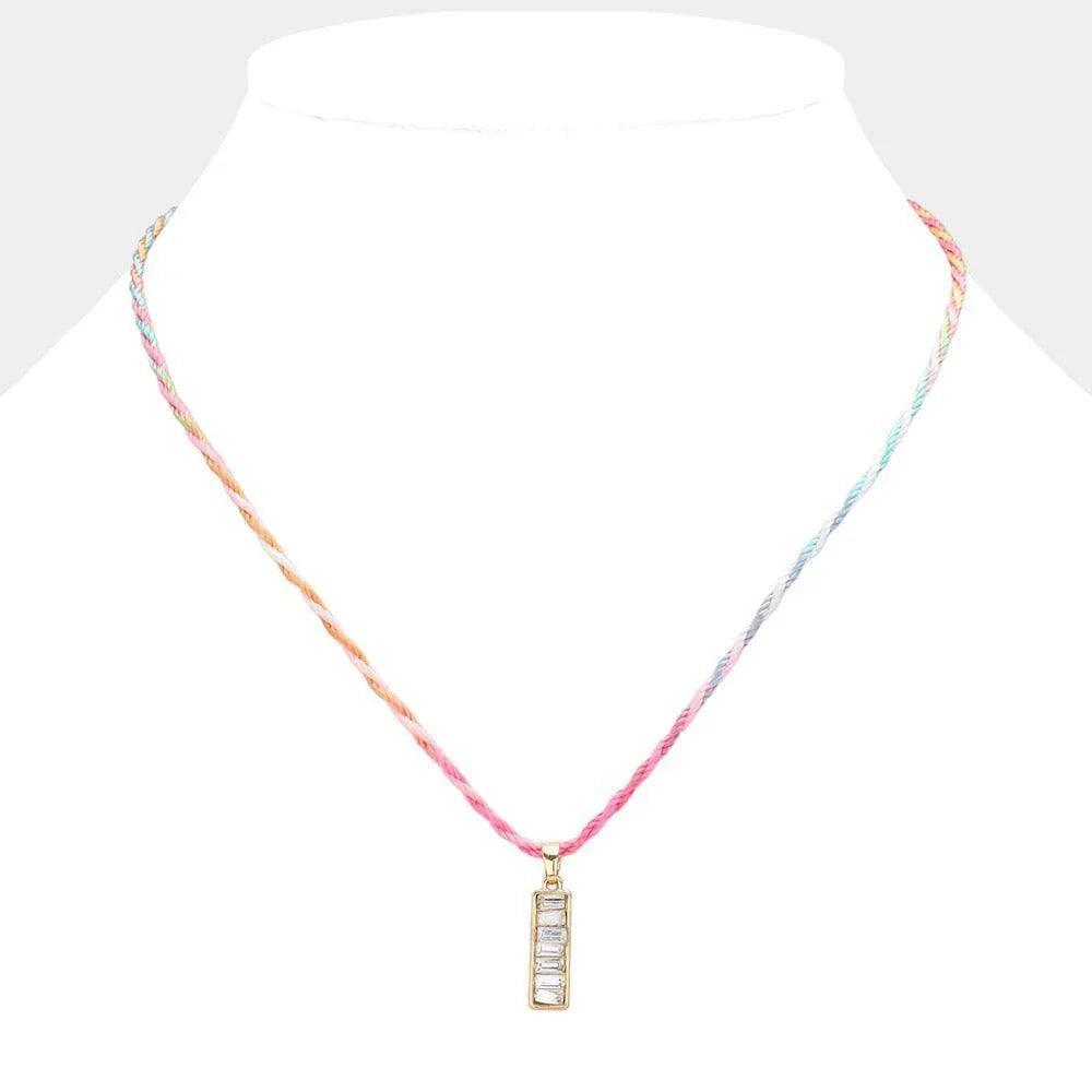 Pink Raffia Thread Baguette Stone Pendant Necklace - Jewelry Store by Erik Rayo