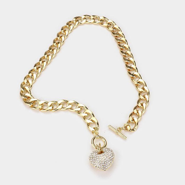 Gold Rhinestone Pave Heart Pendant Toggle Necklace - Jewelry Store by Erik Rayo