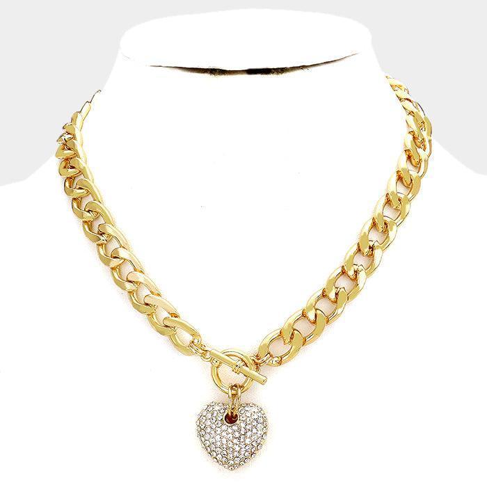 Gold Rhinestone Pave Heart Pendant Toggle Necklace - Jewelry Store by Erik Rayo