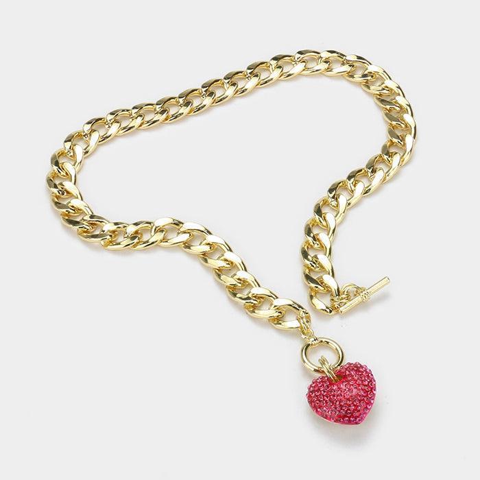 Pink Rhinestone Pave Heart Pendant Toggle Necklace - Jewelry Store by Erik Rayo