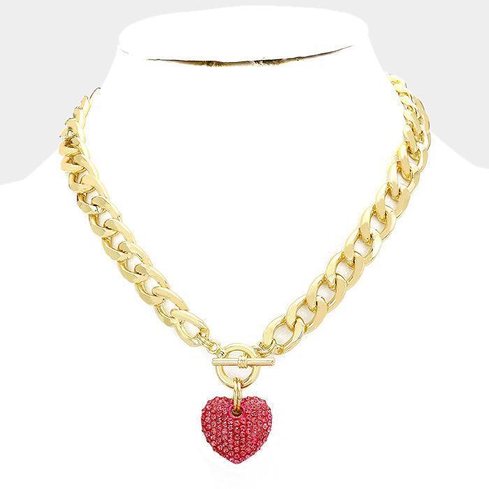 Pink Rhinestone Pave Heart Pendant Toggle Necklace - Jewelry Store by Erik Rayo