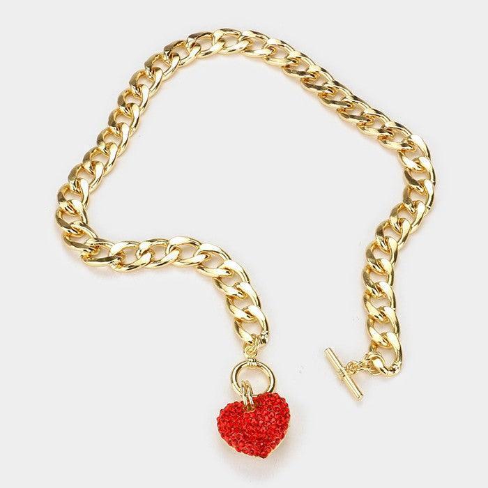 Red Rhinestone Pave Heart Pendant Toggle Necklace - Jewelry Store by Erik Rayo