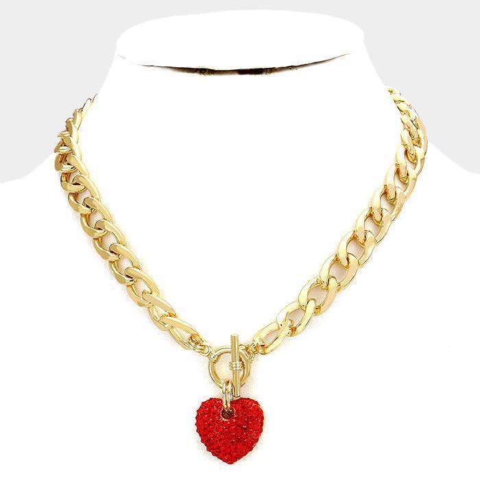 Red Rhinestone Pave Heart Pendant Toggle Necklace - Jewelry Store by Erik Rayo