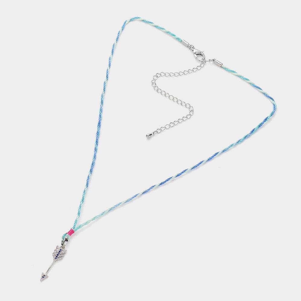 Blue Raffia Thread Stone Paved Arrow Pendant Necklace - Jewelry Store by Erik Rayo