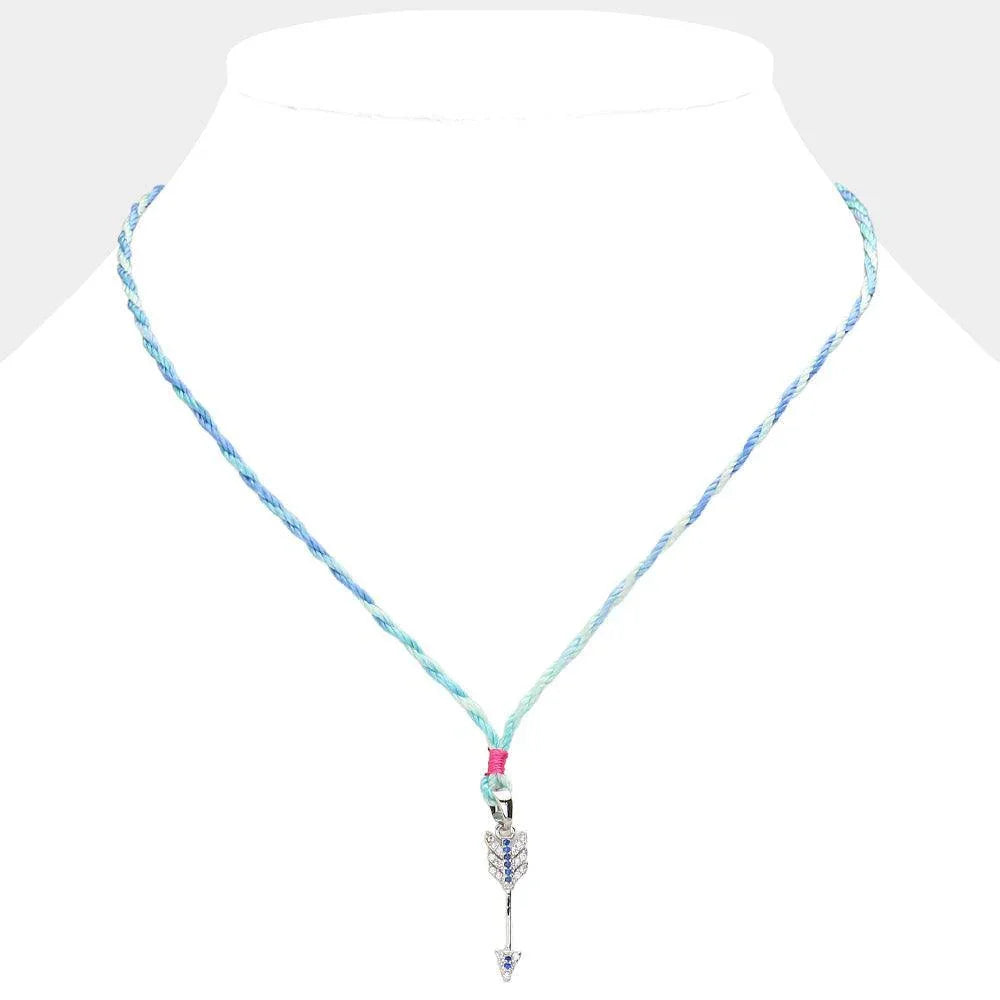 Blue Raffia Thread Stone Paved Arrow Pendant Necklace - Jewelry Store by Erik Rayo