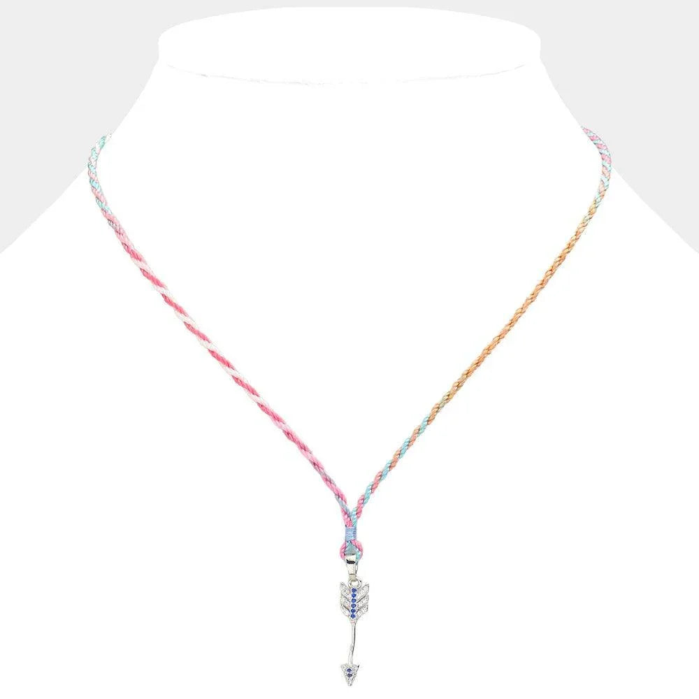 Pink Raffia Thread Stone Paved Arrow Pendant Necklace - Jewelry Store by Erik Rayo