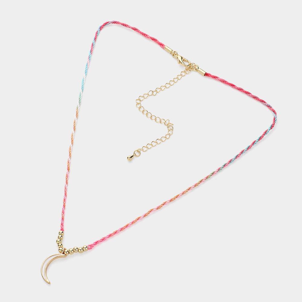 Pink Raffia Thread Crescent Pendant Necklace - Jewelry Store by Erik Rayo