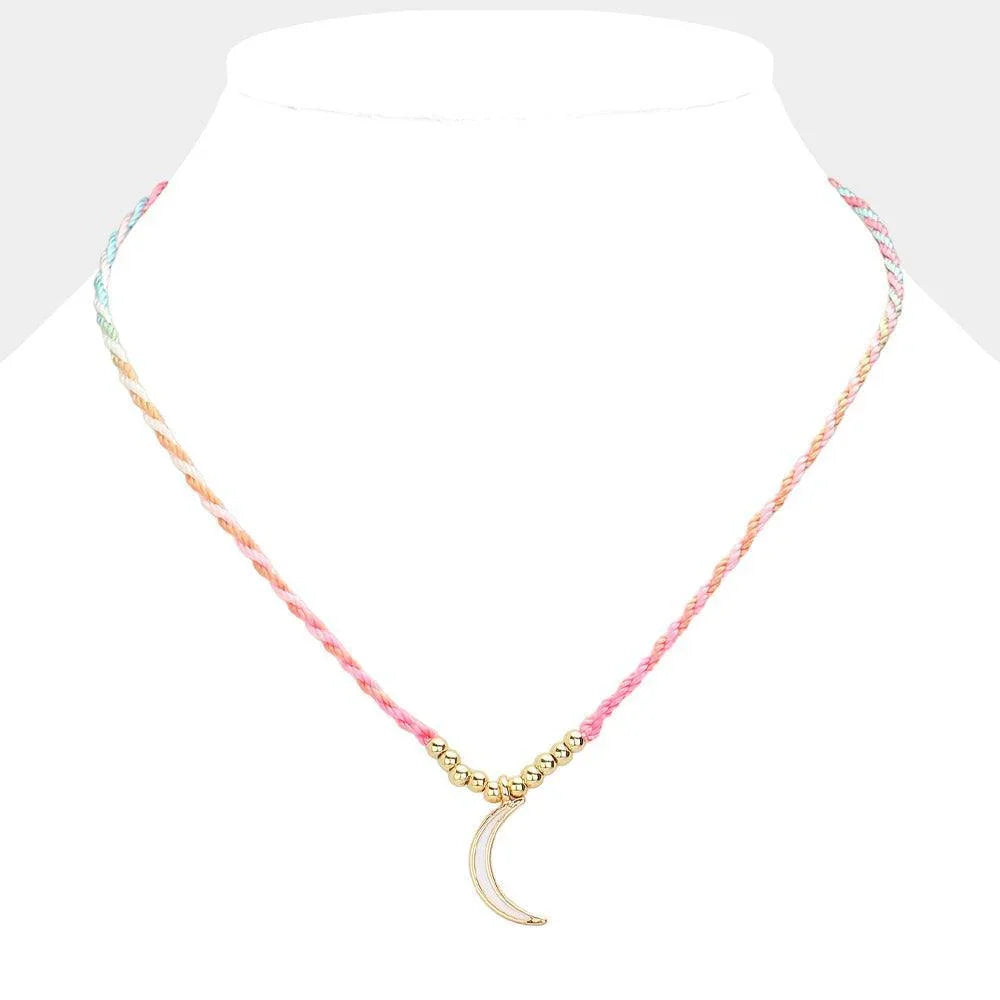 Pink Raffia Thread Crescent Pendant Necklace - Jewelry Store by Erik Rayo