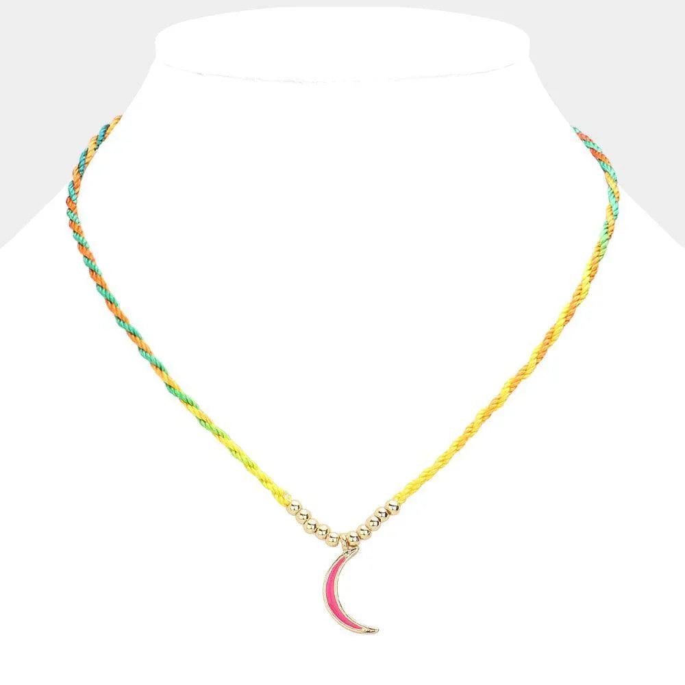 Red Raffia Thread Crescent Pendant Necklace - Jewelry Store by Erik Rayo
