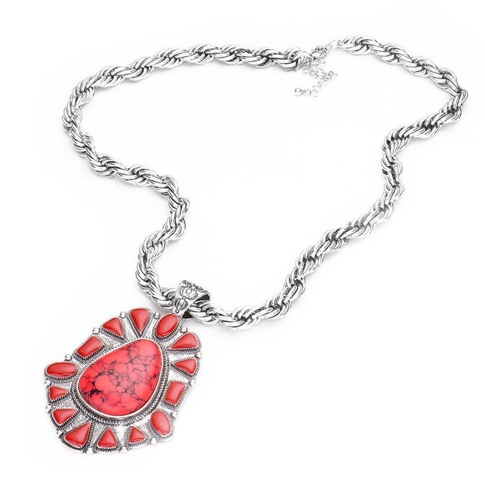 Red Natural Stone Centered Antique Metal Pendant Necklace - Jewelry Store by Erik Rayo