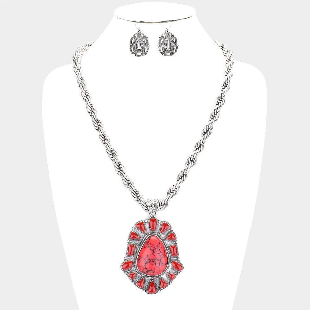 Red Natural Stone Centered Antique Metal Pendant Necklace - Jewelry Store by Erik Rayo