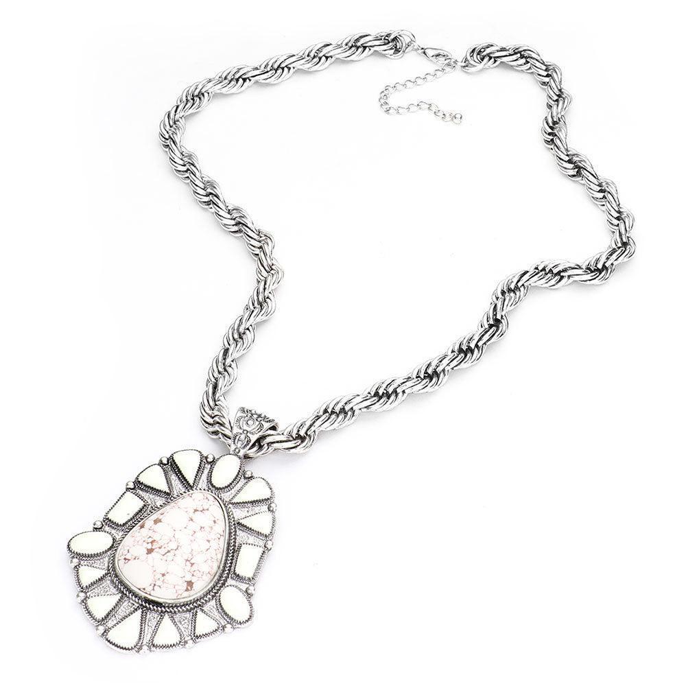 White Natural Stone Centered Antique Metal Pendant Necklace - Jewelry Store by Erik Rayo