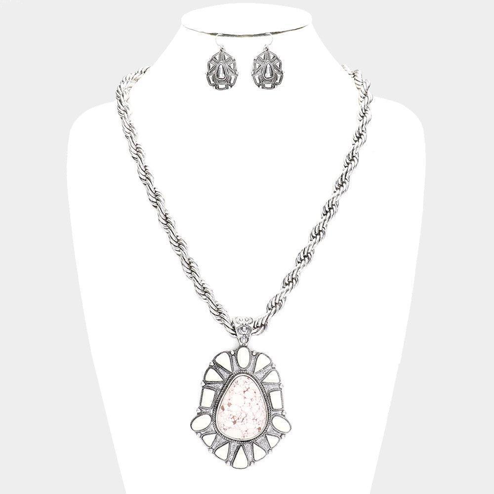 White Natural Stone Centered Antique Metal Pendant Necklace - Jewelry Store by Erik Rayo