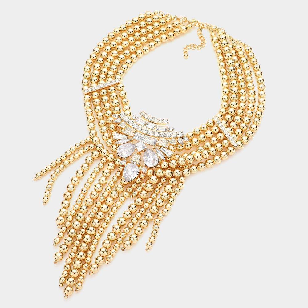 Gold Stone Embellished Ball Fringe Statement Necklace - Jewelry Store by Erik Rayo