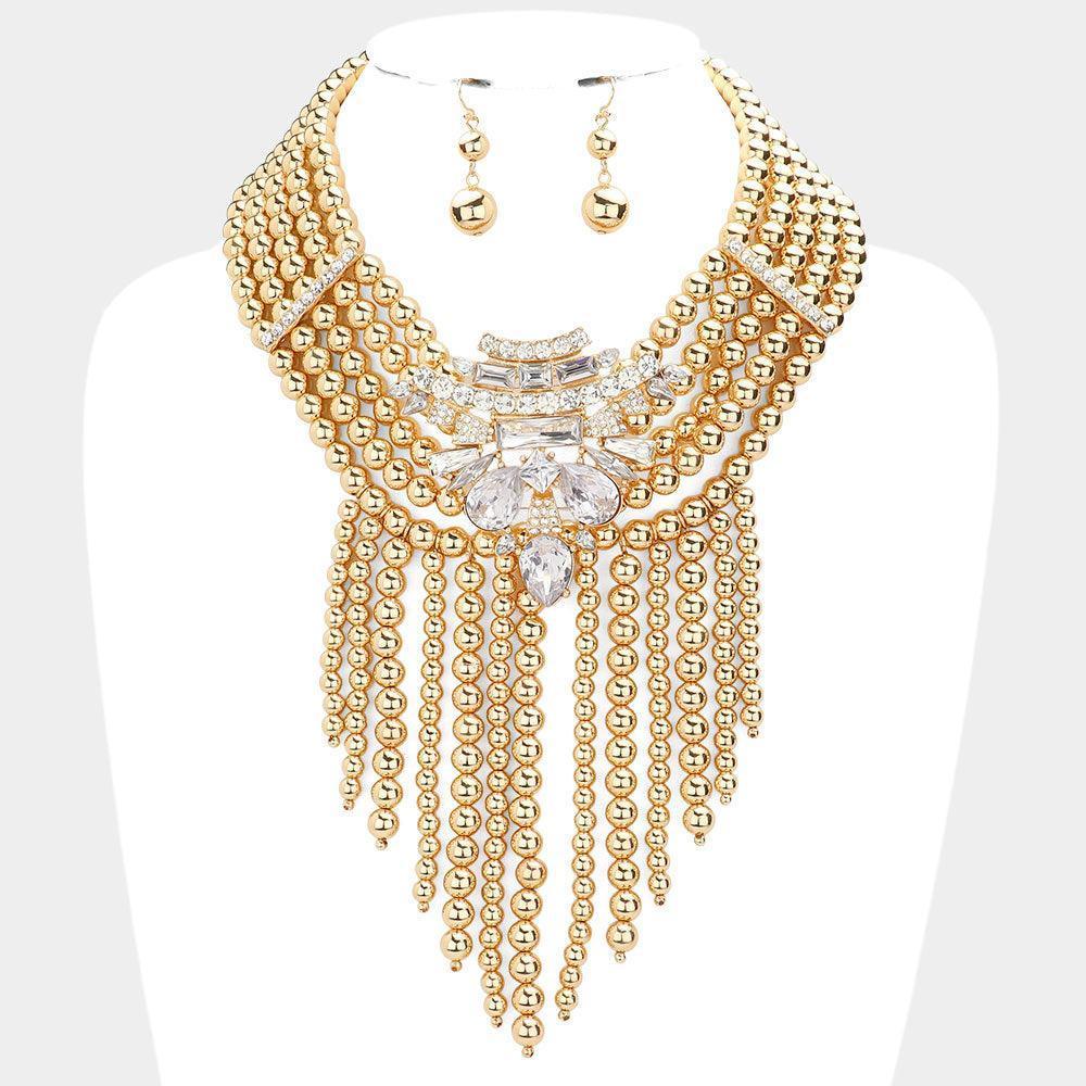 Gold Stone Embellished Ball Fringe Statement Necklace - Jewelry Store by Erik Rayo