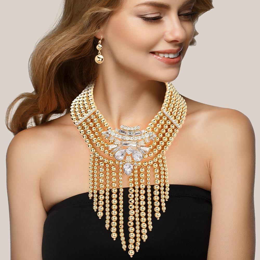 Gold Stone Embellished Ball Fringe Statement Necklace - Jewelry Store by Erik Rayo