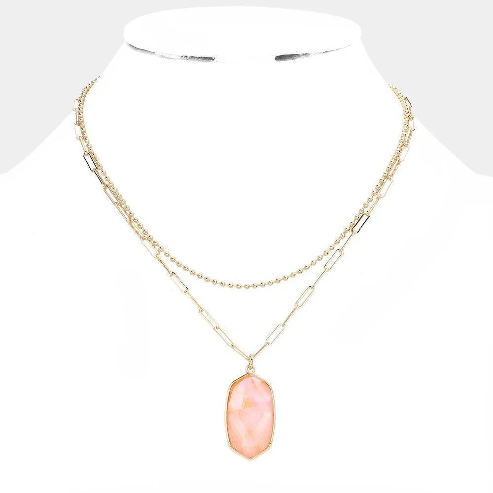 Peach Hexagon Pendant Double Layered Necklace - Jewelry Store by Erik Rayo