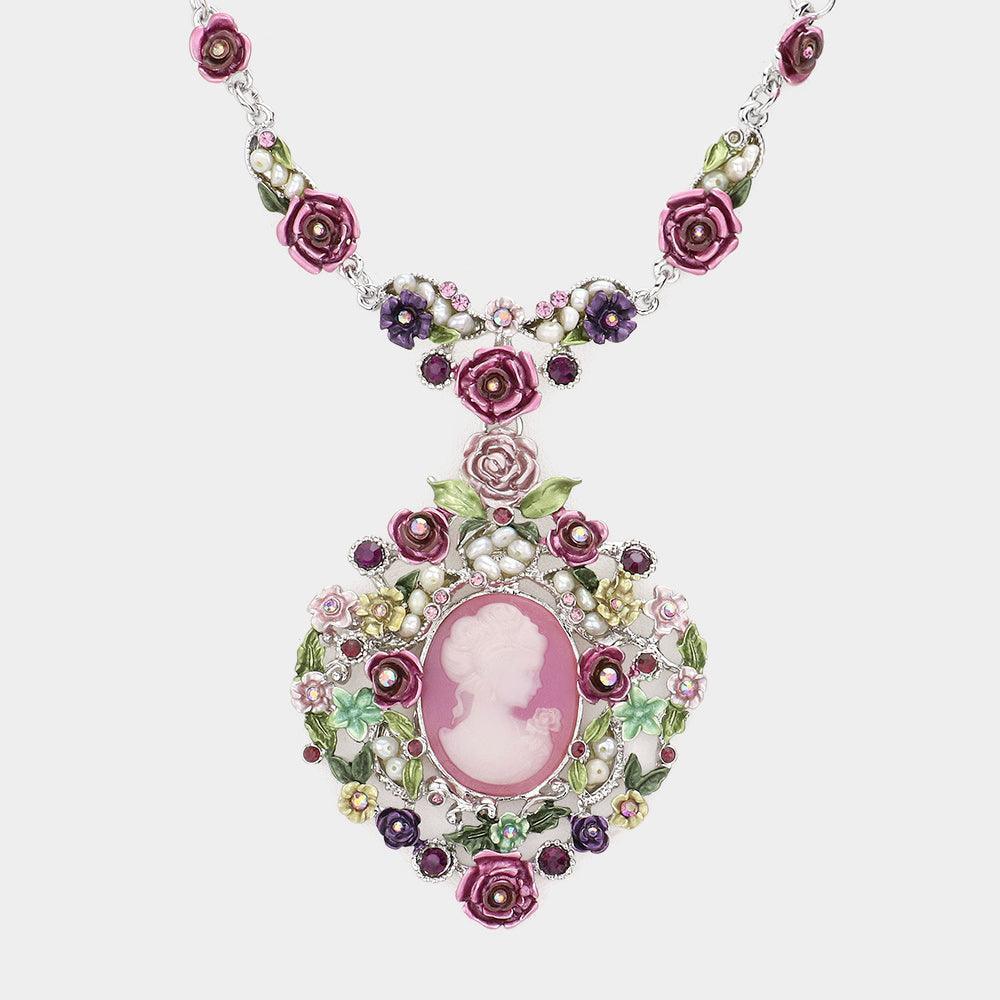 Purple Cameo Centered Floral Pendant Necklace - Jewelry Store by Erik Rayo