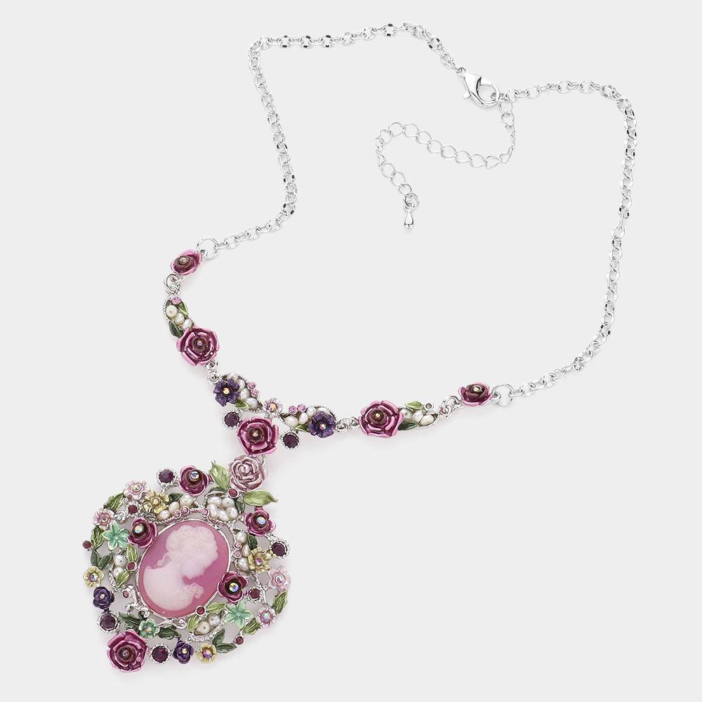 Purple Cameo Centered Floral Pendant Necklace - Jewelry Store by Erik Rayo