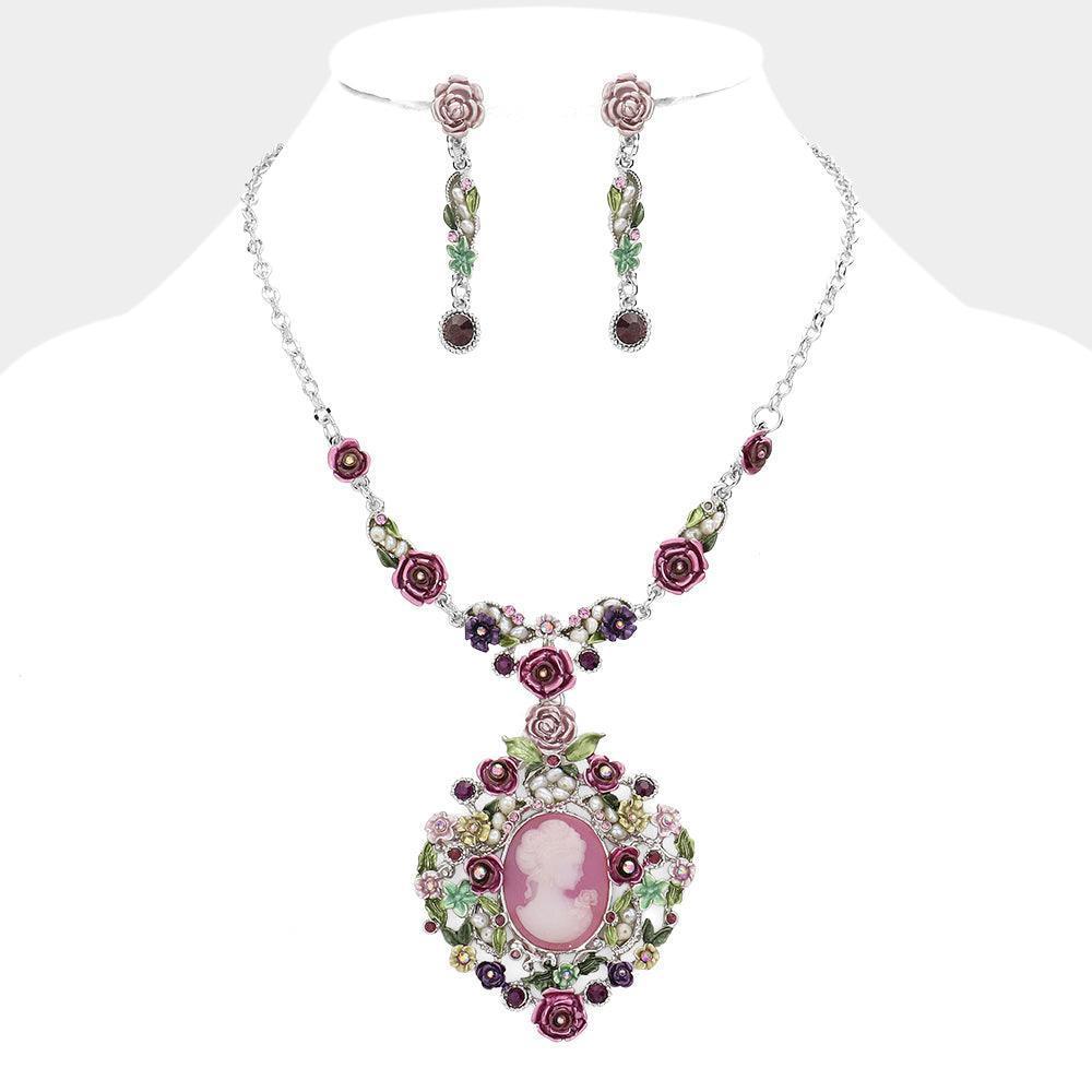 Purple Cameo Centered Floral Pendant Necklace - Jewelry Store by Erik Rayo