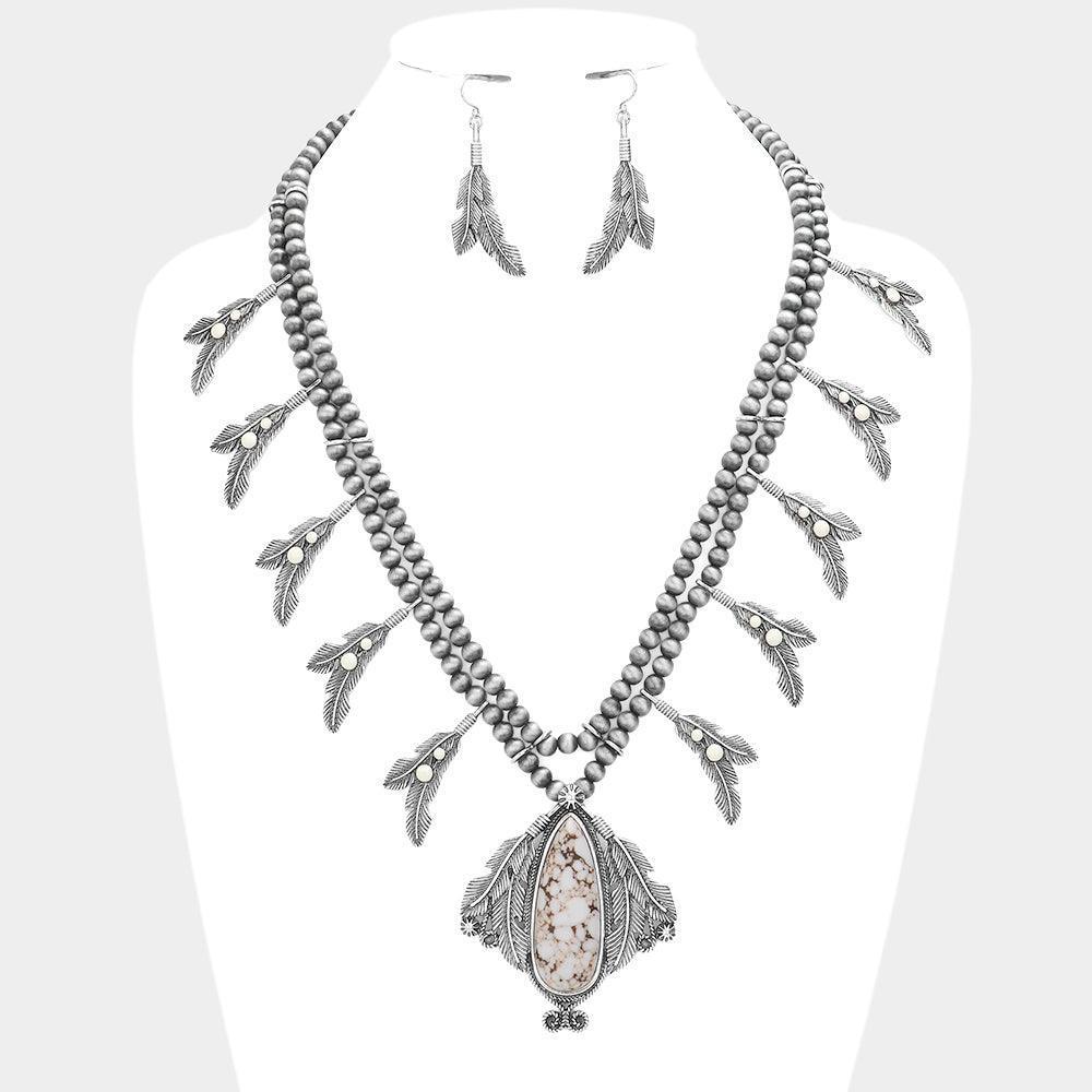 White Teardrop Natural Stone Pendant Metal Leaf Charms Necklace - Jewelry Store by Erik Rayo