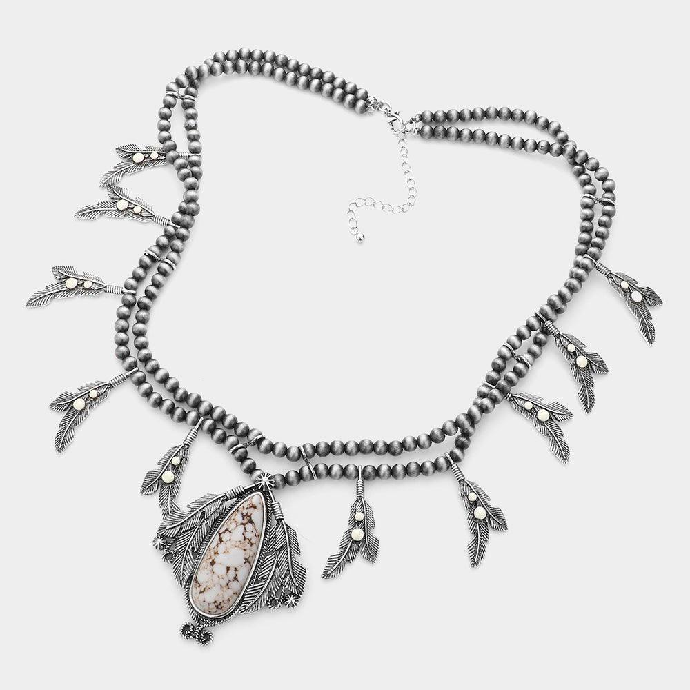White Teardrop Natural Stone Pendant Metal Leaf Charms Necklace - Jewelry Store by Erik Rayo