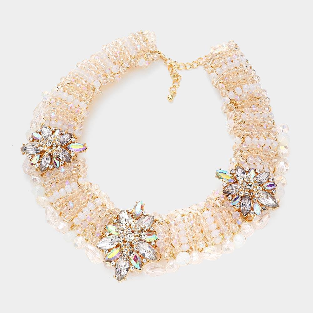 Gold Stone Embellished Triple Flower Accented Faceted Beaded Collar Necklace - Jewelry Store by Erik Rayo