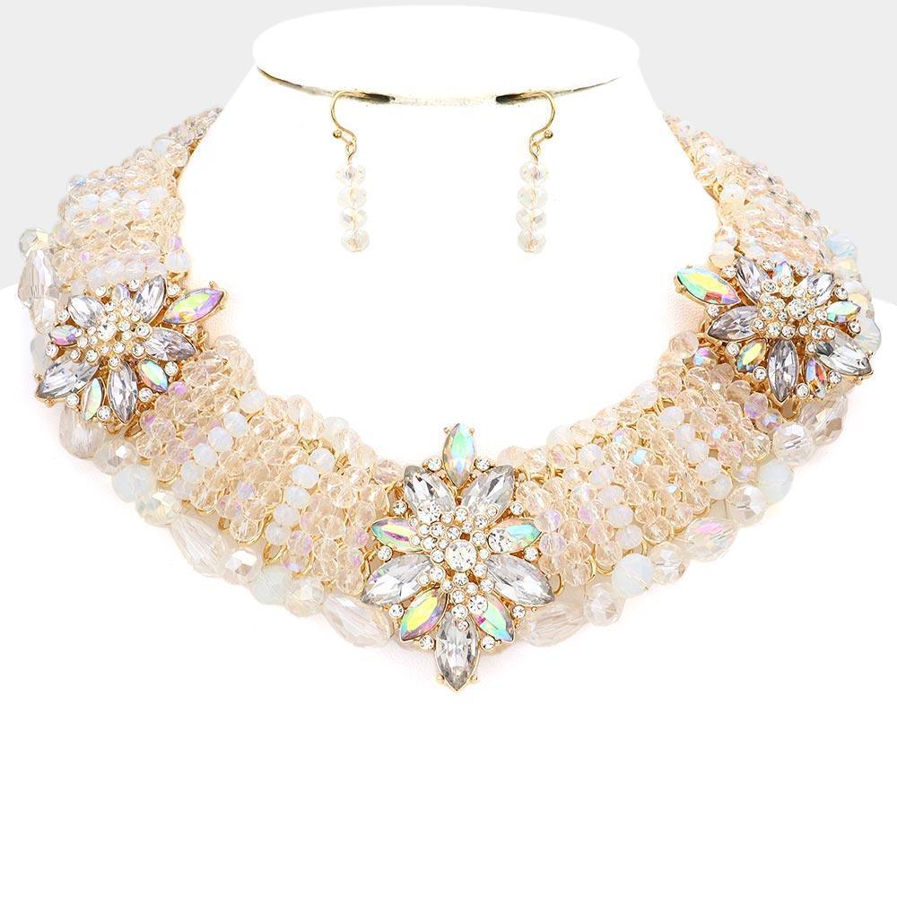 Gold Stone Embellished Triple Flower Accented Faceted Beaded Collar Necklace - Jewelry Store by Erik Rayo