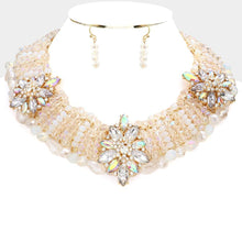 Load image into Gallery viewer, Gold Stone Embellished Triple Flower Accented Faceted Beaded Collar Necklace
