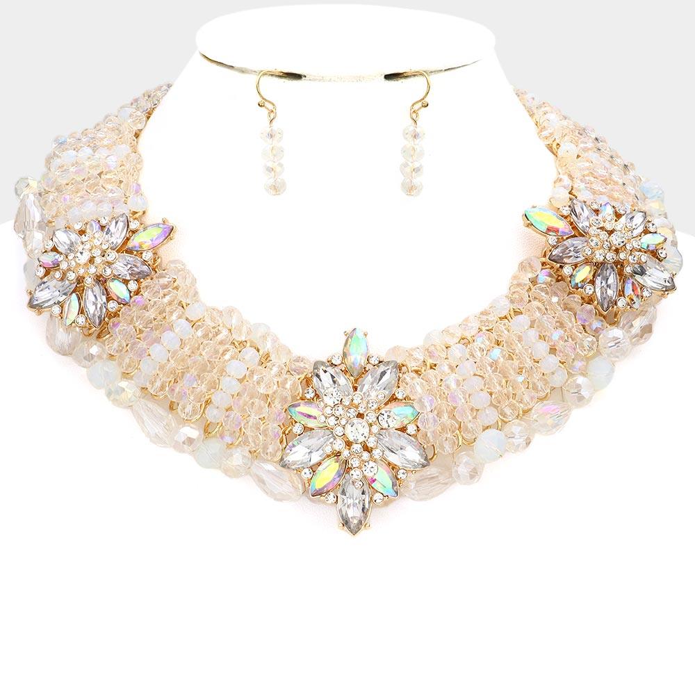 Gold Stone Embellished Triple Flower Accented Faceted Beaded Collar Necklace