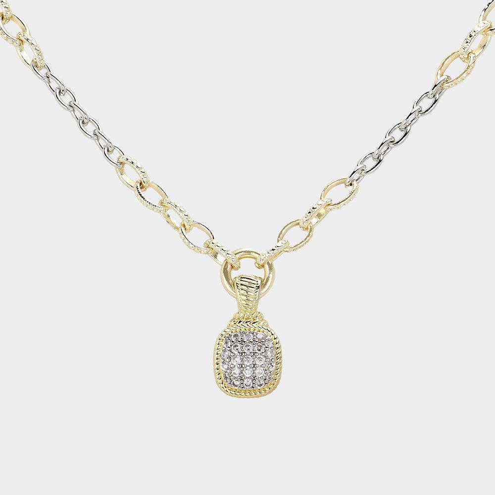 Gold 14K Gold Plated Two Tone CZ Stone Paved Square Pendant Necklace - Jewelry Store by Erik Rayo