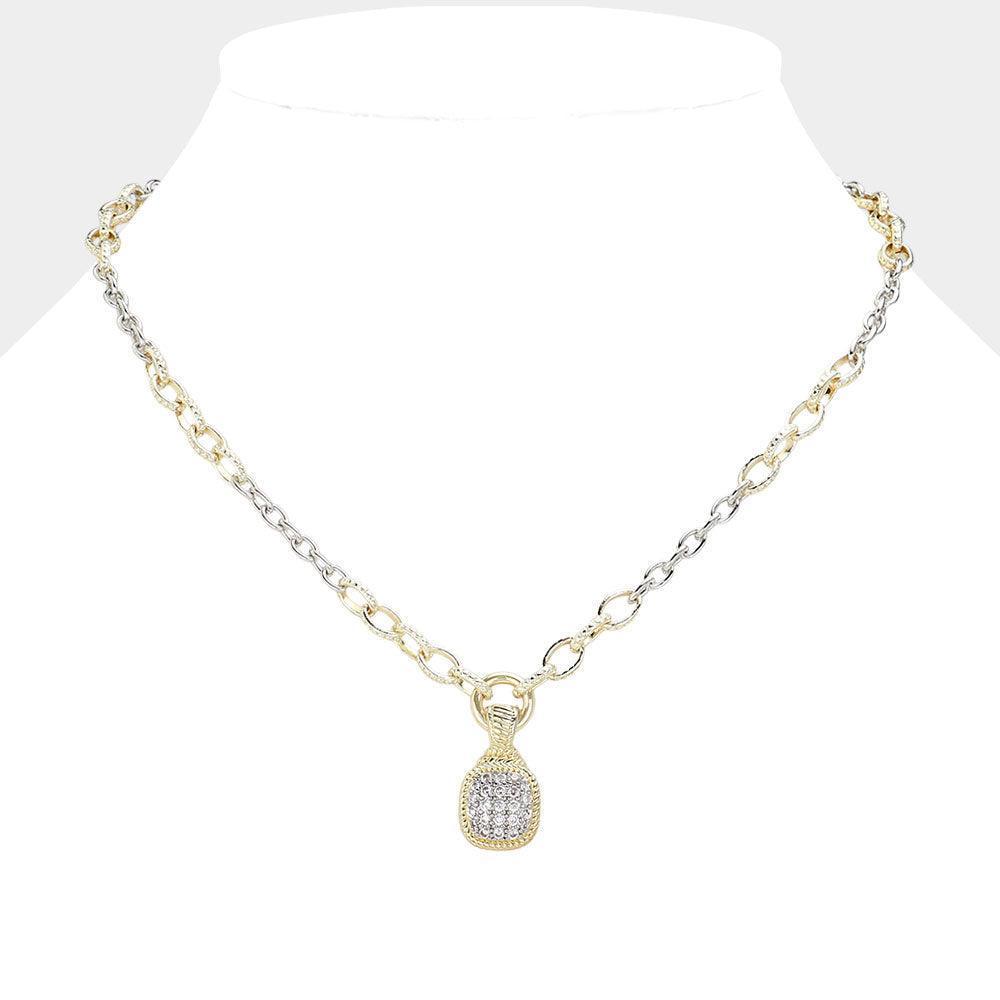 Gold 14K Gold Plated Two Tone CZ Stone Paved Square Pendant Necklace - Jewelry Store by Erik Rayo