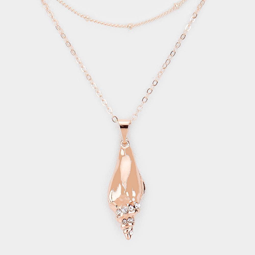 Rose Gold Crystal Embellished Conch Shell Pendant Multi Layered Necklace - Jewelry Store by Erik Rayo