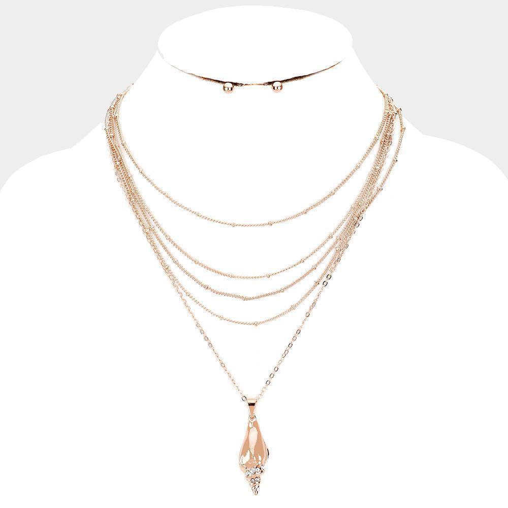 Rose Gold Crystal Embellished Conch Shell Pendant Multi Layered Necklace - Jewelry Store by Erik Rayo