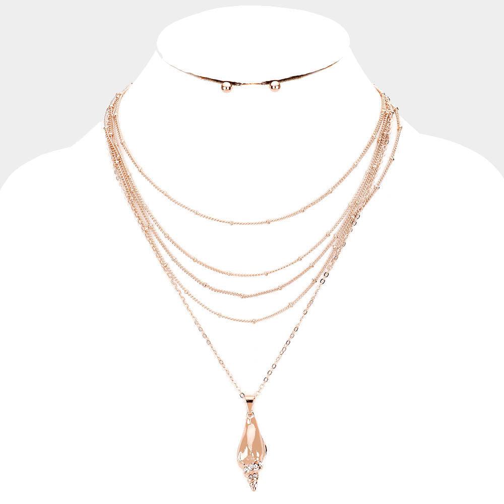 Rose Gold Crystal Embellished Conch Shell Pendant Multi Layered Necklace