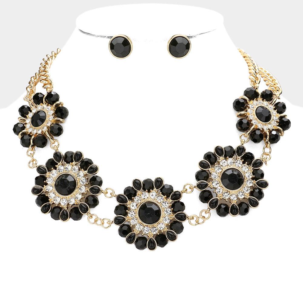 Black Floral Bead Embellished Link Collar Necklace